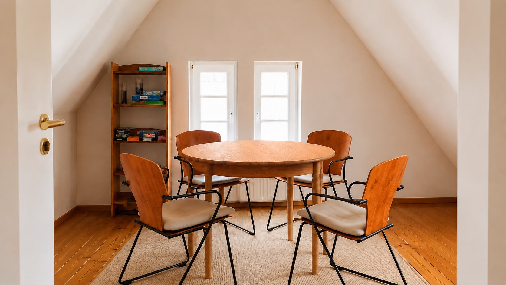 Heller Gruppenraum mit rundem Holztisch und Holzschalenstühlen